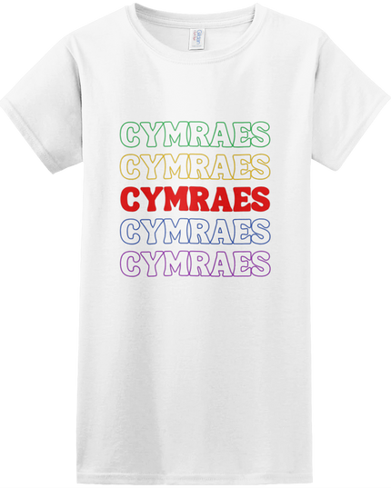 Cymraes Rainbow Repeat Women's T-Shirt featuring a vibrant rainbow design.