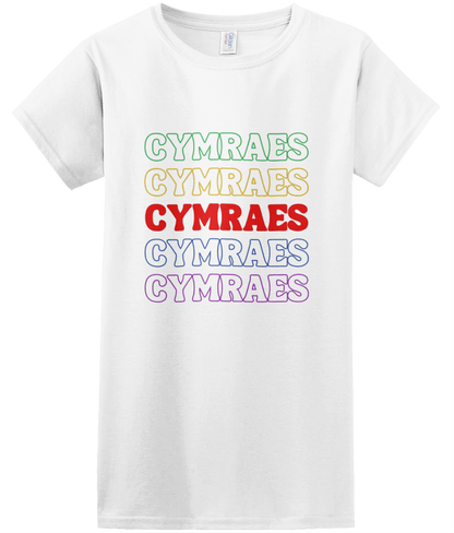 Cymraes Rainbow Repeat Women's T-Shirt featuring a vibrant rainbow design.