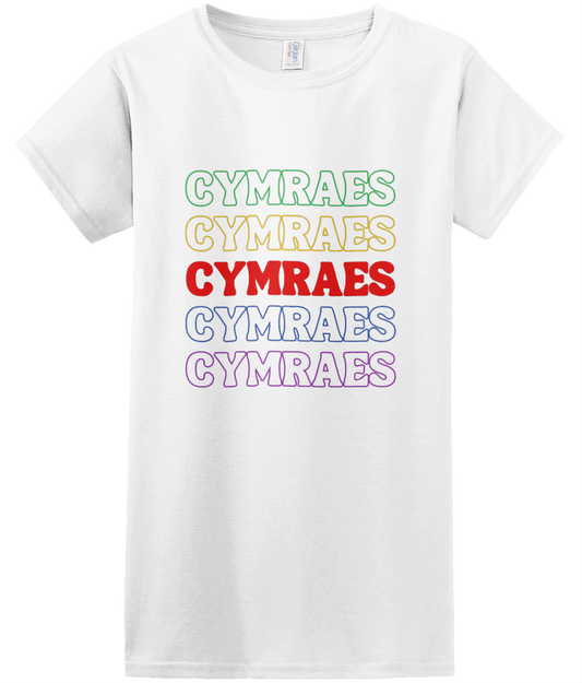 Cymraes Rainbow Repeat Women's T-Shirt featuring a vibrant rainbow design.