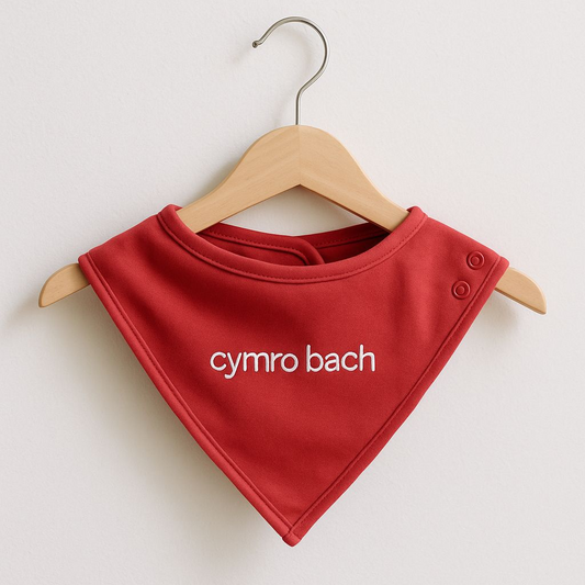 A red embroidered baby bib with 'cymro bach' displayed on a wooden hanger.