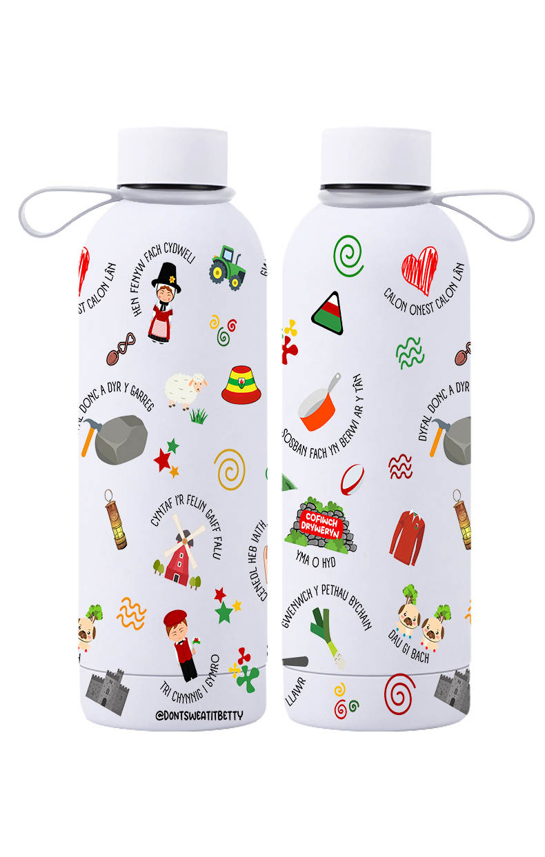 White water bottle showing both sides of the Cymru design on a white background