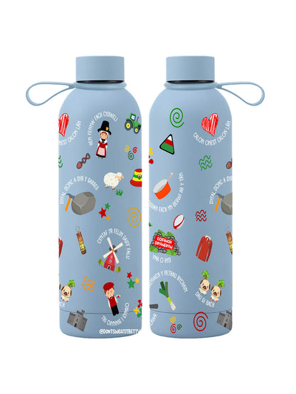Blue water bottle showing both sides of the Cymru design on a white background