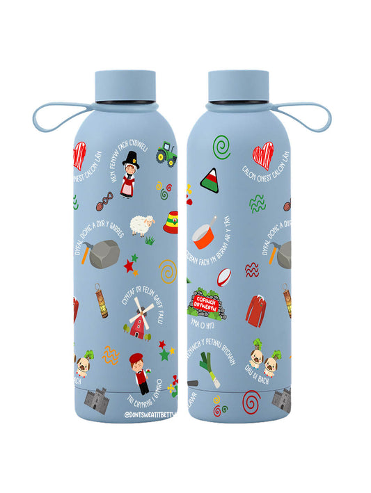 Blue water bottle showing both sides of the Cymru design on a white background