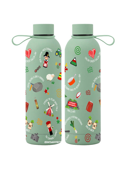 Green water bottle showing both sides of the Cymru design on a white background