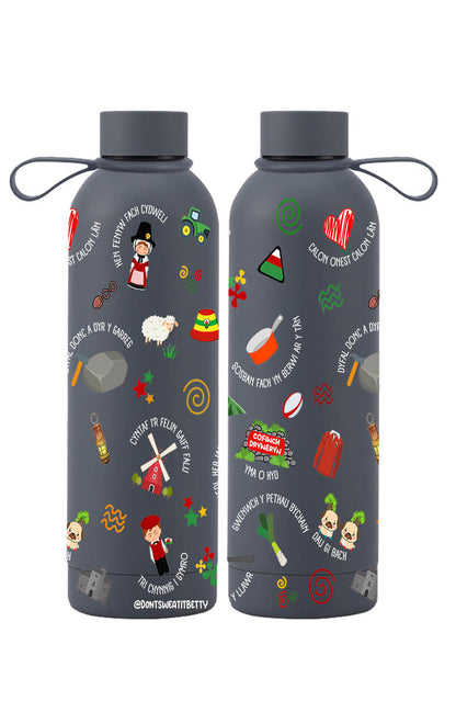 Grey water bottle showing both sides of the Cymru design on a white background