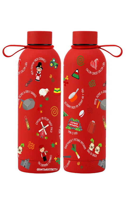 Red water bottle showing both sides of the Cymru design on a white background