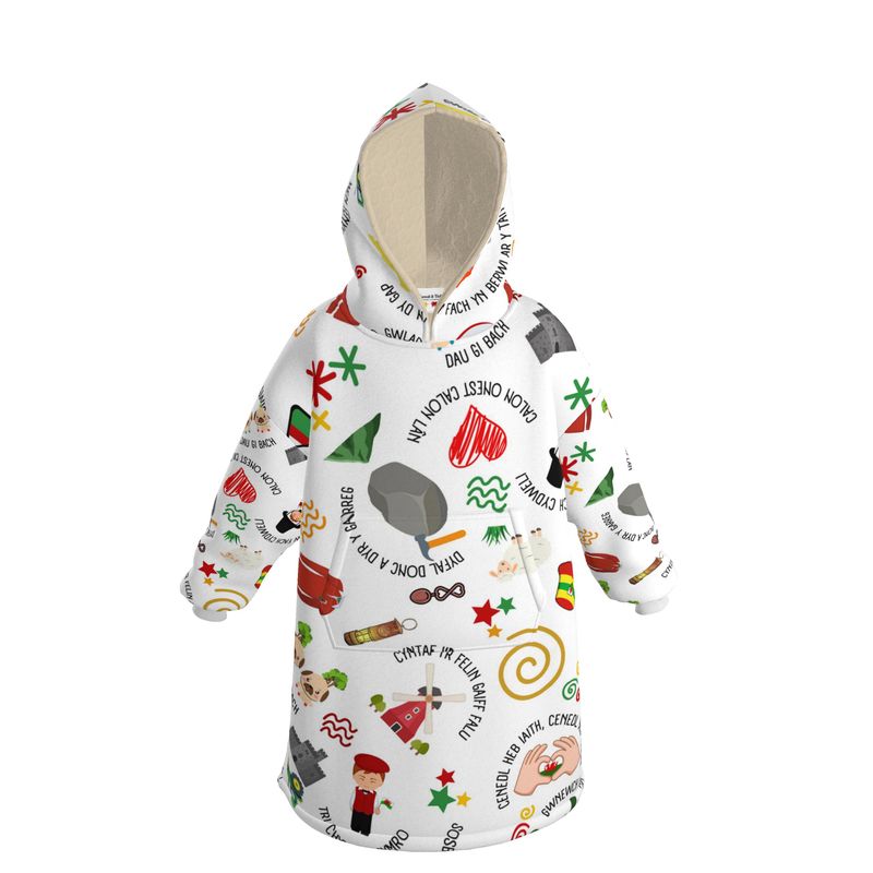 A white hoodie blanket with a welsh themed design.