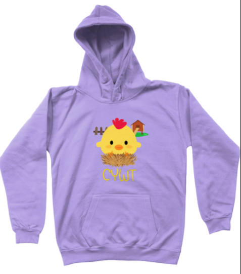 Purple hoodie with a cartoon chick design and 'Cwtch' text on a white background