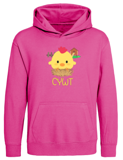 Cywt Child's Hoodie with chick design in Hot Pink