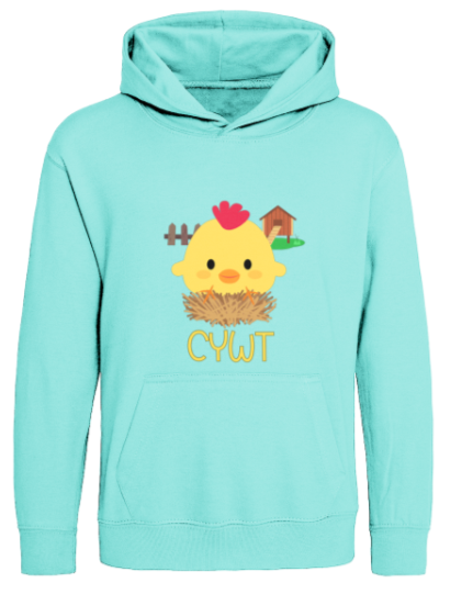 Light blue hoodie with a chick graphic and 'CYWT' text on a white background