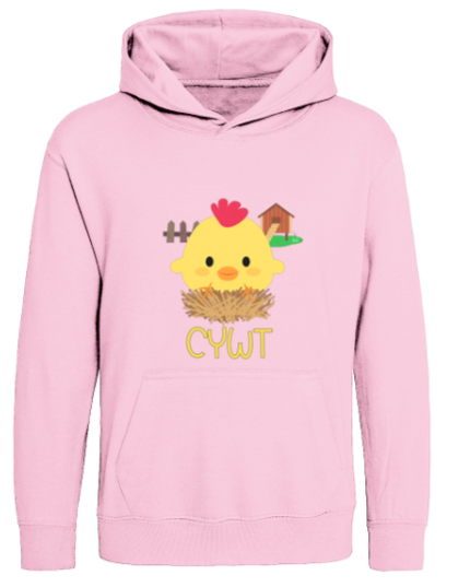 Pink hoodie with a chick graphic and 'CYWT' text on a white background