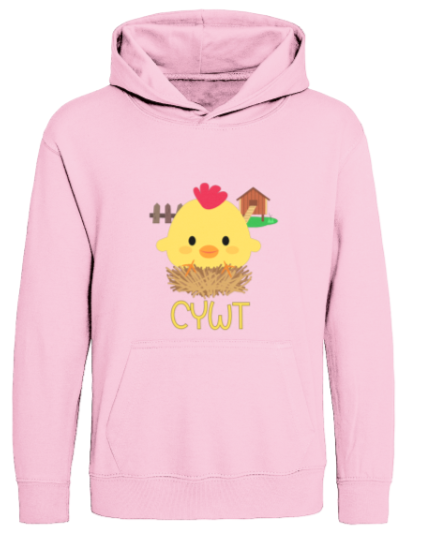 Pink hoodie with a chick graphic and 'CYWT' text on a white background