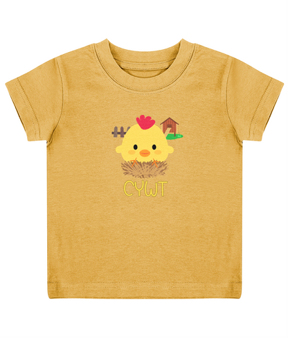 A yellow child's T-shirt with a graphic of a cute animal and the text 'CYWT' on the front.