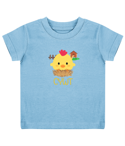 A blue child's T-shirt with a graphic of a cute animal and the text 'CYWT' on the front.