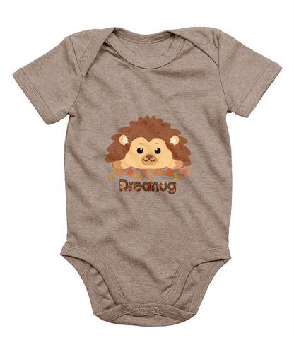 A gray baby bodysuit with a cute hedgehog design and the Welsh word 'Draenog' printed on the front.