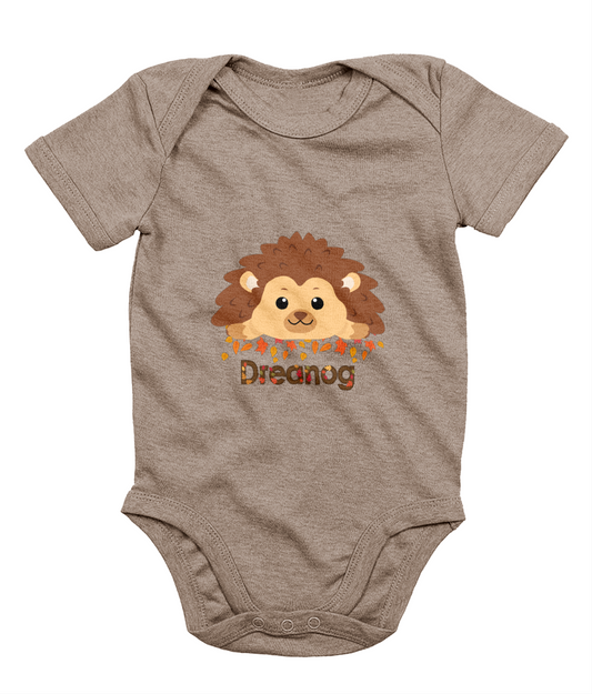 A gray baby bodysuit with a cute hedgehog design and the Welsh word 'Draenog' printed on the front.