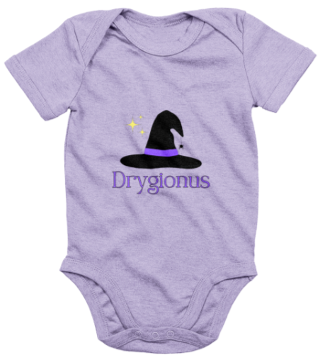 Purple baby onesie with a witch hat design and 'Dryglonus' text on a white background