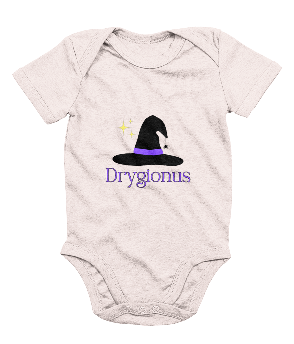 A baby pink babygrow with the text 'Drygionus' printed on it, featuring a small graphic of a witch's hat centered on the chest area.