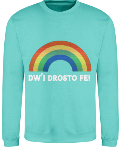 Turquoise sweatshirt with a rainbow and text on a white background
