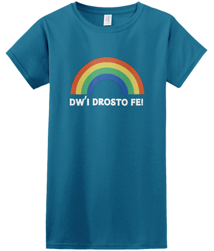 Blue women's t-shirt with 'Dw'i Drosto Fe!' text and a colorful rainbow graphic.