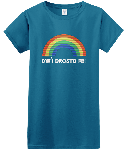Blue women's t-shirt with 'Dw'i Drosto Fe!' text and a colorful rainbow graphic.