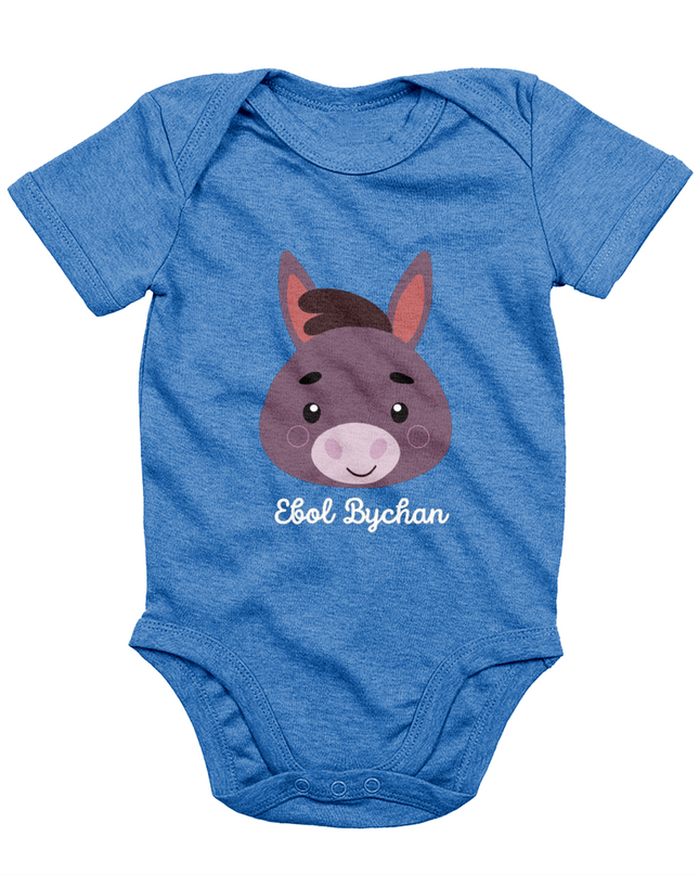 Blue babygrow with a graphic of a donkey's face and the text 'Ebol Bychan' printed on the front.