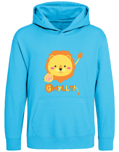 Blue hoodie with a cartoon lion and the text 'GWYLLT!' on a white background