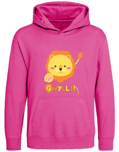 Pink hoodie with a cartoon lion and 'GWYLLT!' text on a white background