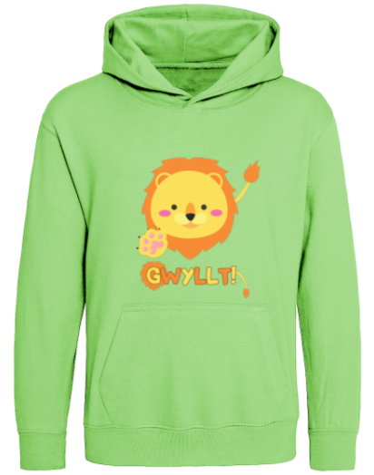 Green hoodie with a cartoon lion and text on a white background
