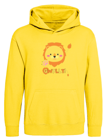 A child's yellow hoodie with a graphic print of a lion's face and the word 'Gwyllt!' on the front.
