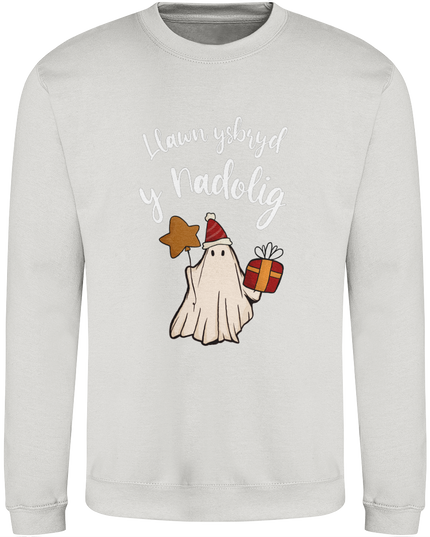Christmas sweatshirt with a playful design of a ghost wrapped in festive gear