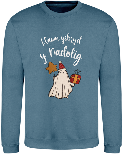 Christmas sweatshirt with a playful design of a ghost wrapped in festive gear