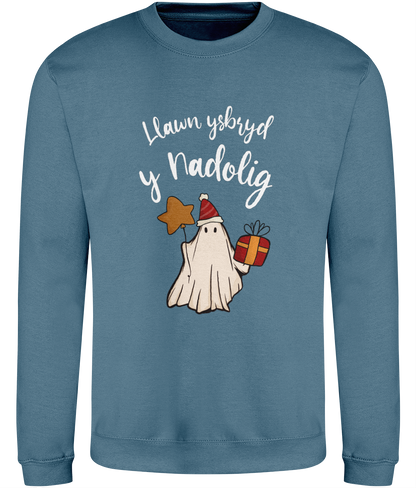 Christmas sweatshirt with a playful design of a ghost wrapped in festive gear