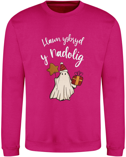 Christmas sweatshirt with a playful design of a ghost wrapped in festive gear