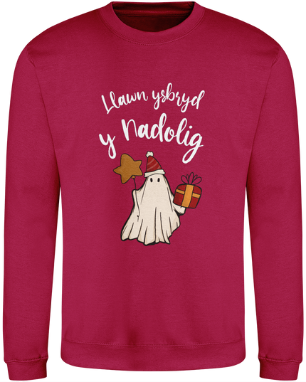 Christmas sweatshirt with a playful design of a ghost wrapped in festive gear
