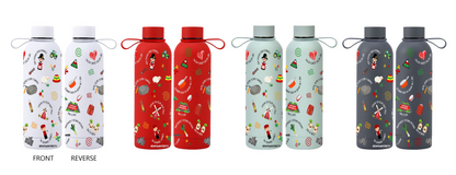Set of water bottles with various designs on a white background