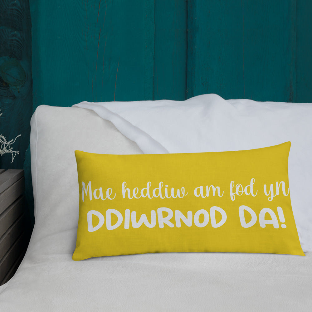 A premium pillow with a Welsh themed design, featuring text in Welsh on a sofa in a room with decorative plants and wooden furniture.