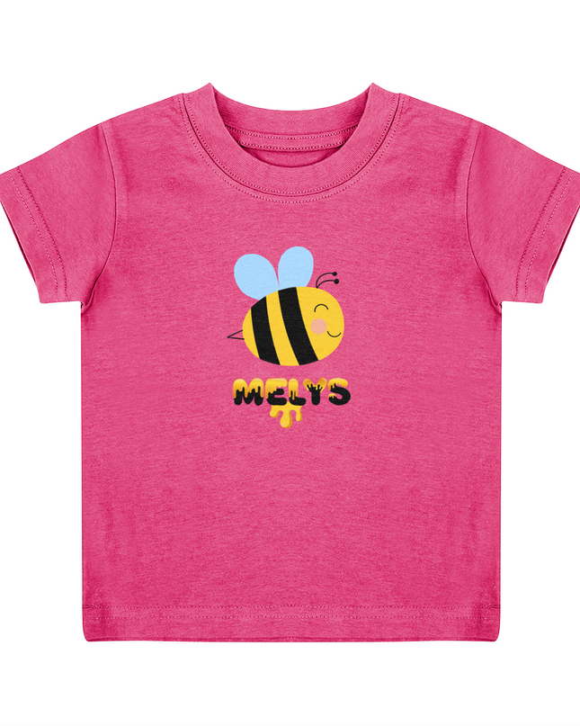 A pink child's T-shirt with a graphic of a bee and the name 'Melys' printed below it.