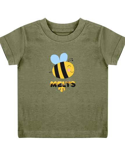 A khaki green child's T-shirt with a graphic of a bee and the name 'Melys' printed below it.