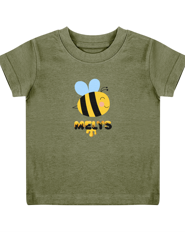 A khaki green child's T-shirt with a graphic of a bee and the name 'Melys' printed below it.