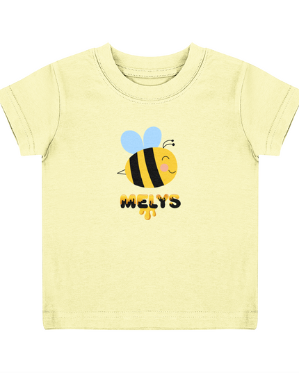 A pale yellow child's T-shirt with a graphic of a bee and the name 'Melys' printed below it.