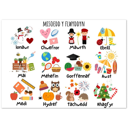 Misoedd Y Flwyddyn Welsh educational Wallart | Welsh Print