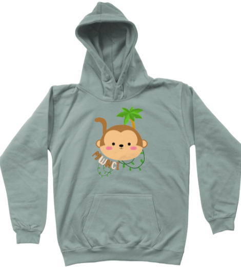 A dusty green child's hoodie with a graphic of a monkey with the word 'Mwnci' in Welsh on the front.