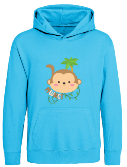 Blue hoodie with a cartoon monkey design on a white background