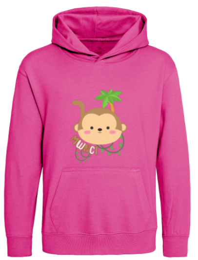 Pink hoodie with a cartoon monkey design on a white background