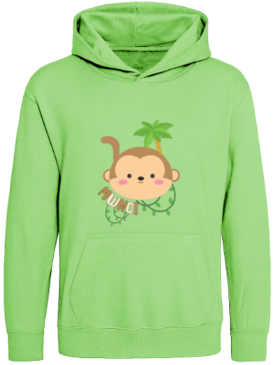 Green hoodie with a monkey graphic and 'Mwnci' text in Welsh on a white background