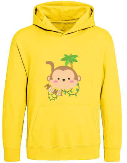 Yellow hoodie with a monkey graphic and 'Mwnci' Welsh text on a white background