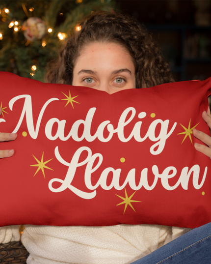 Welsh-Themed Premium Christmas Pillow featuring 'Nadolig Llawen' design.