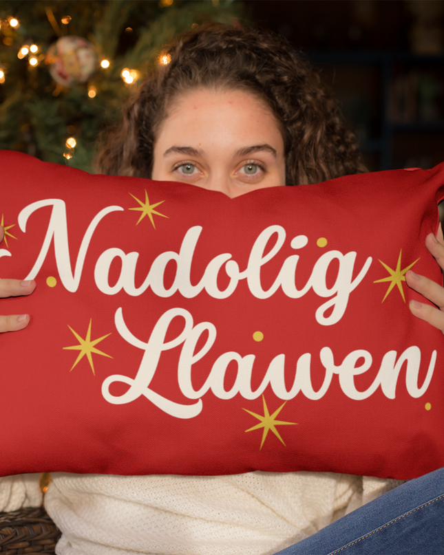 Welsh-Themed Premium Christmas Pillow featuring 'Nadolig Llawen' design.