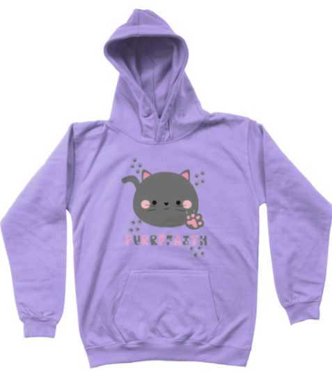 Purple hoodie with a cat graphic and 'Purrffaith' text on a white background